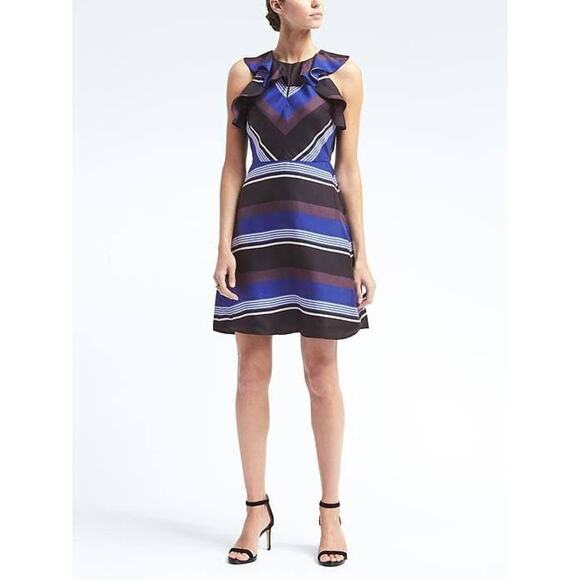 Banana Republic Silk Multicolored Striped Ruffle Flare Dress Size 0 Petite - Picture 1 of 10